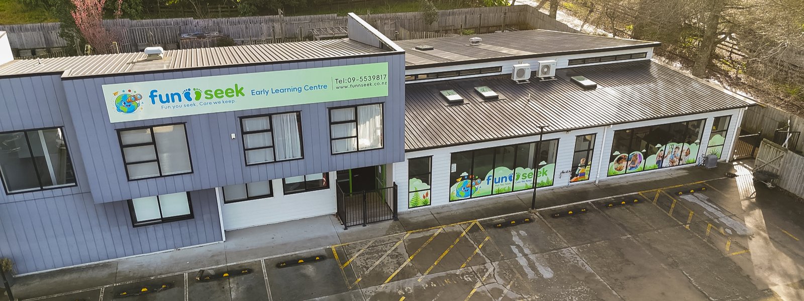 Aerial view of the Fun N Seek Early Learning Centre building in Pukekohe